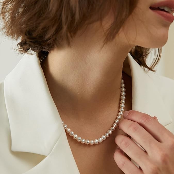 8mm White Round Pearl Beads Necklace for Women and Men Gold Clasp