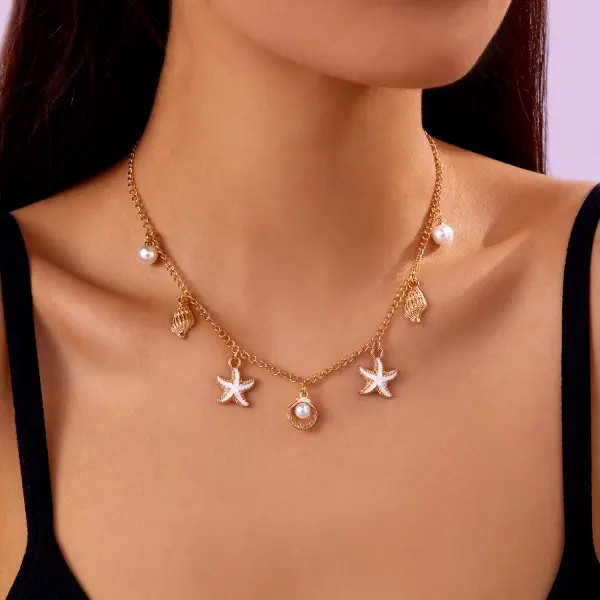 Fashion Gold Color Starfish Conch Turtle Pendant Necklace for Women Handmade She