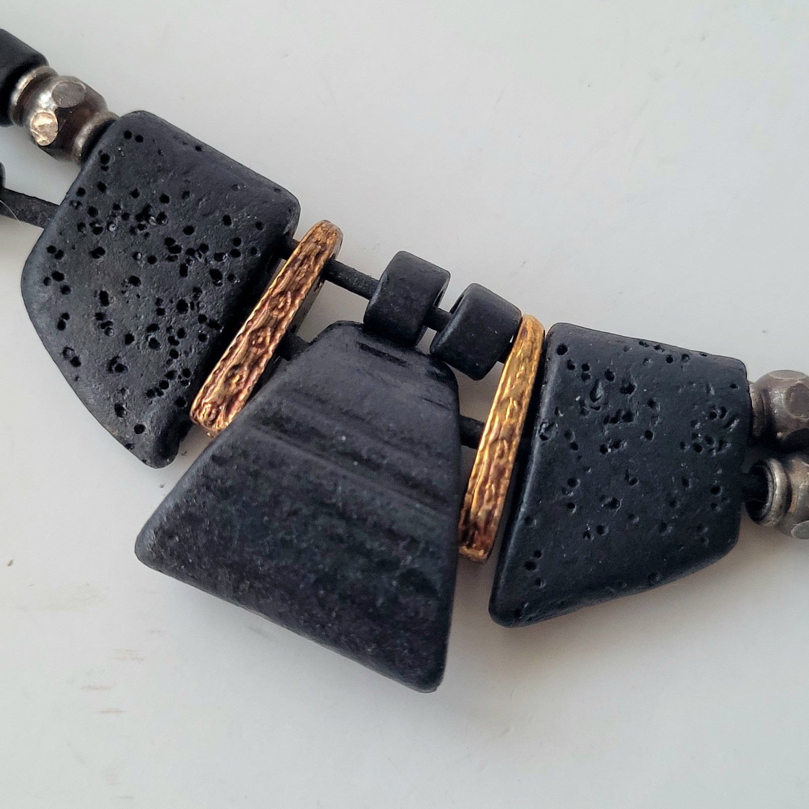 Lava Rock And Brass Accent Black Geometric Modernist Choker Collar Necklace