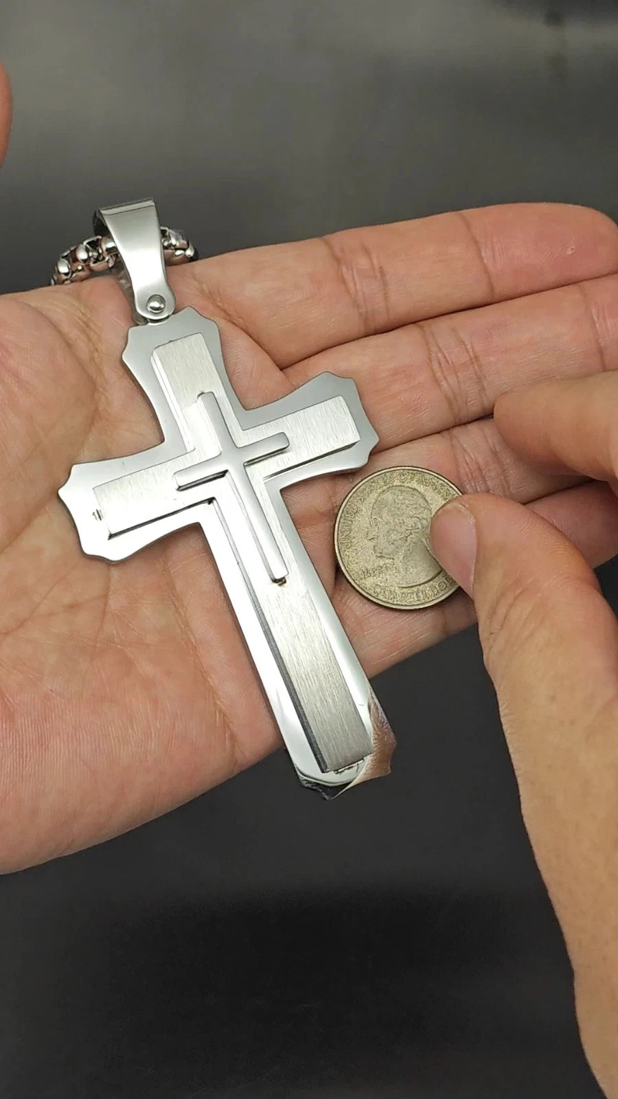 Huge Stainless Cross Men’s Necklace Pendant Heavy Large Silver Polished 3 Layer