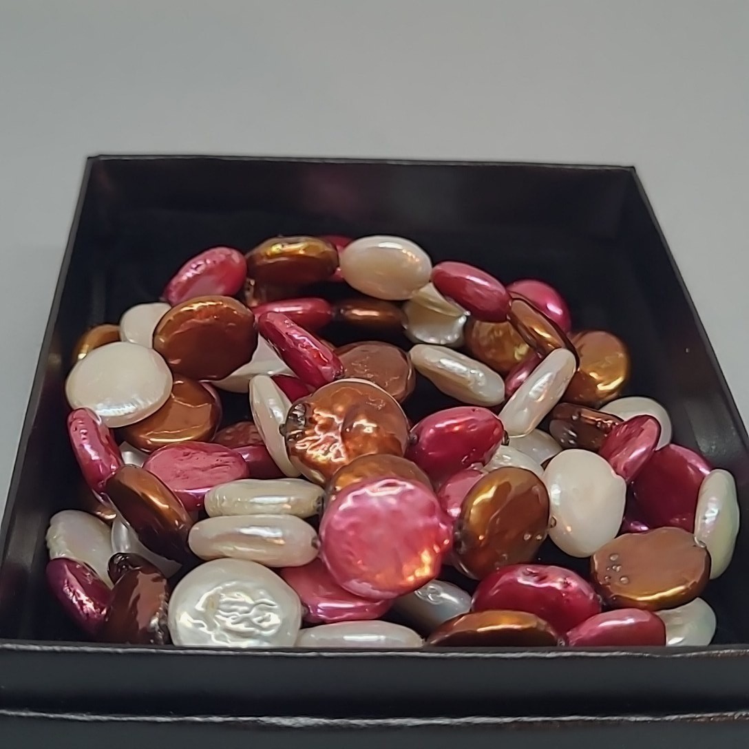 CGI China Necklace Woman Fuchsia Bronze White Freshwater Coin Pearl 37 Inch Long