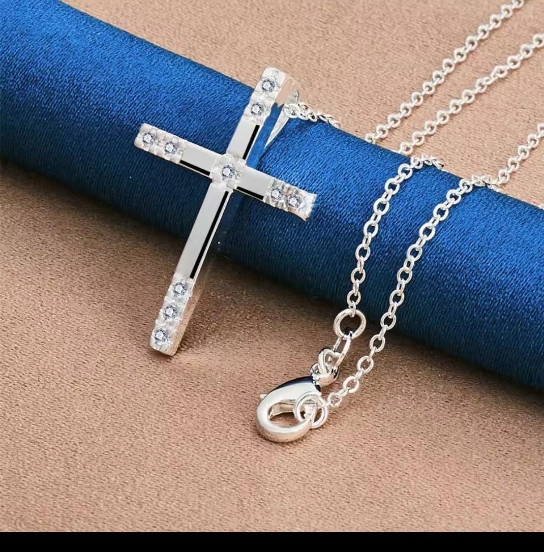 Rhinestone Cross Pendant Necklace Silver Plated Cable Chain, Crystal, Lobster