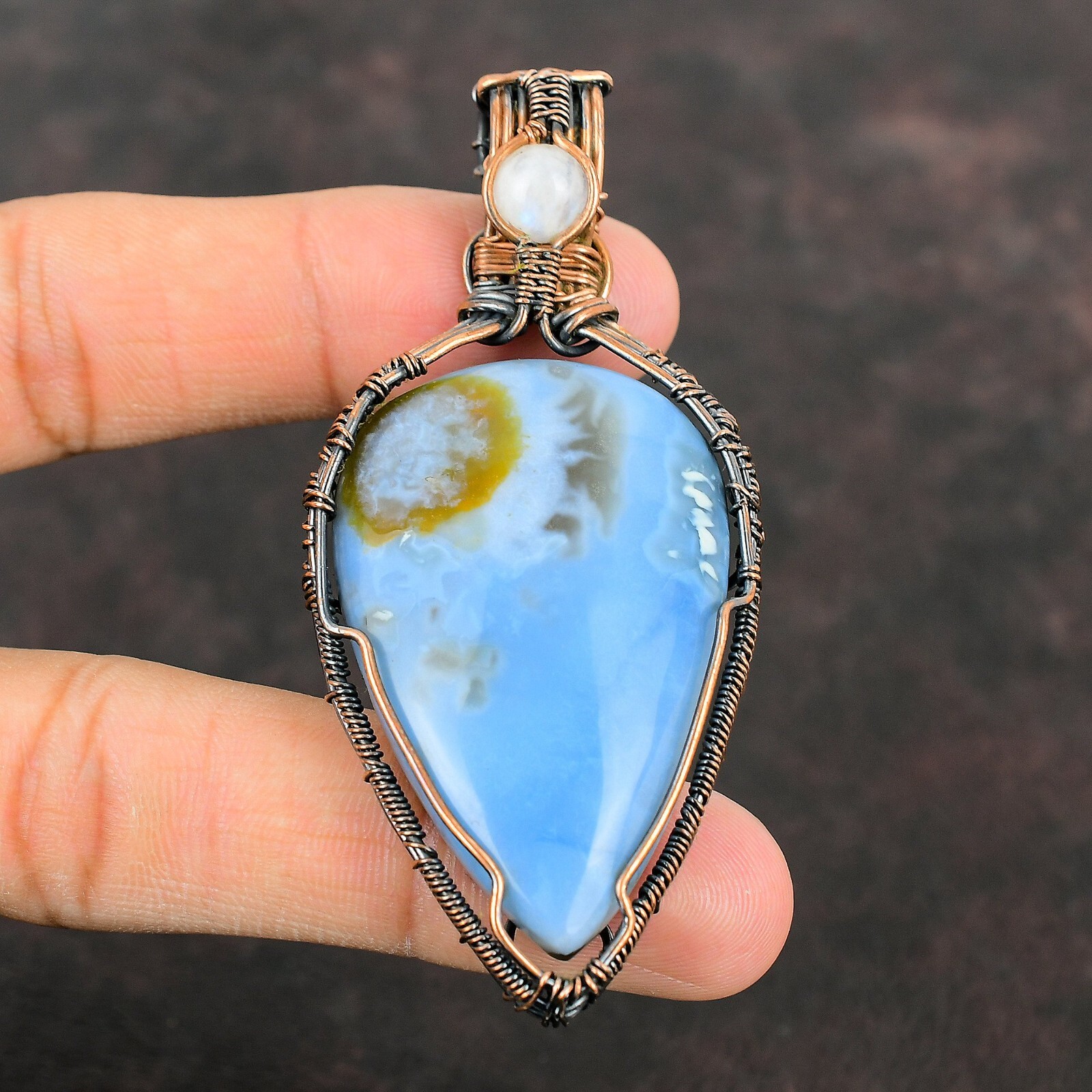 Natural Owyhee Blue Opal Gemstone Pendant Wire Wrapped Unknown Copper Jewelry