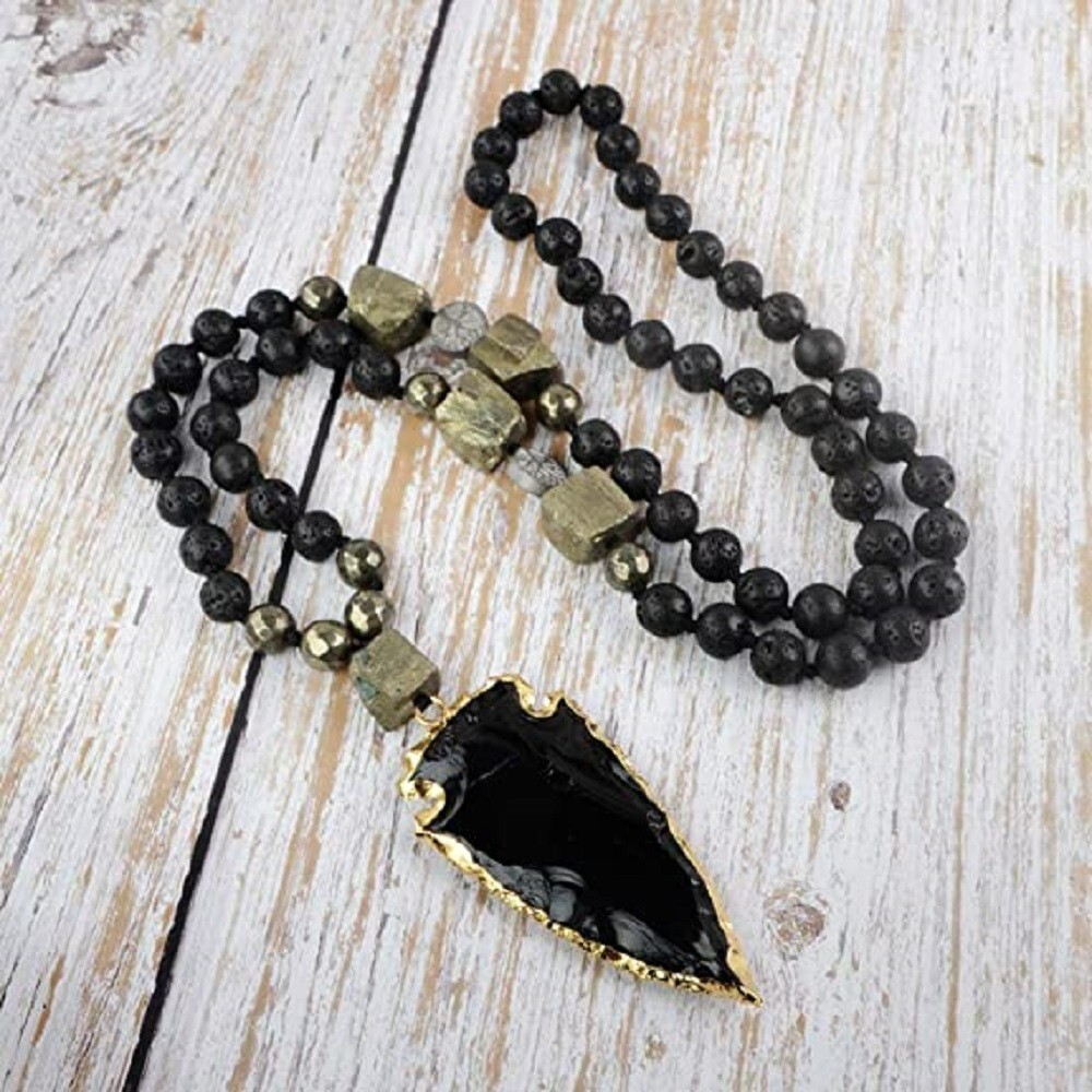 Natural Lava Rock Volcano Stone Beads Necklace Obsidian Arrow Charm Necklace