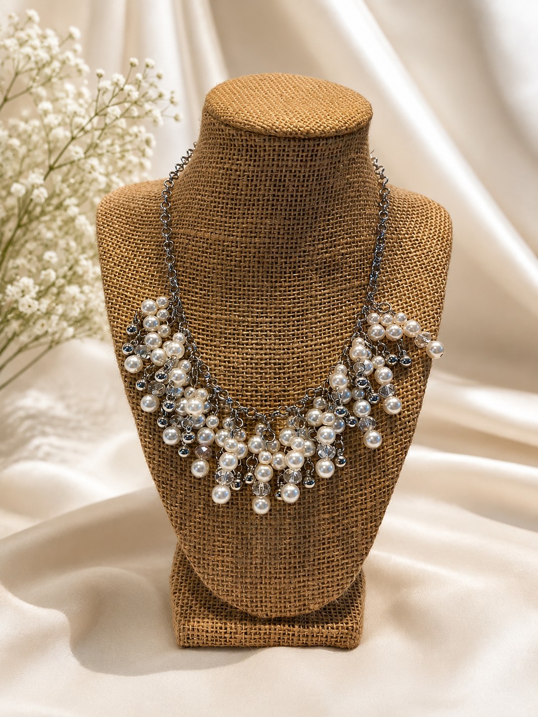 Silver Tone Faux Pearl Crystal Cluster Statement Bib Necklace Bridal Prom