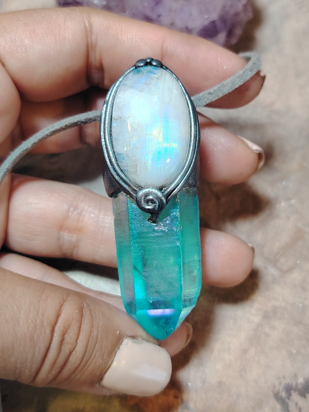 Moonlight. Moonstone Aqua Aura Quartz Crystal Pendant Necklace. Spiritual Gifts