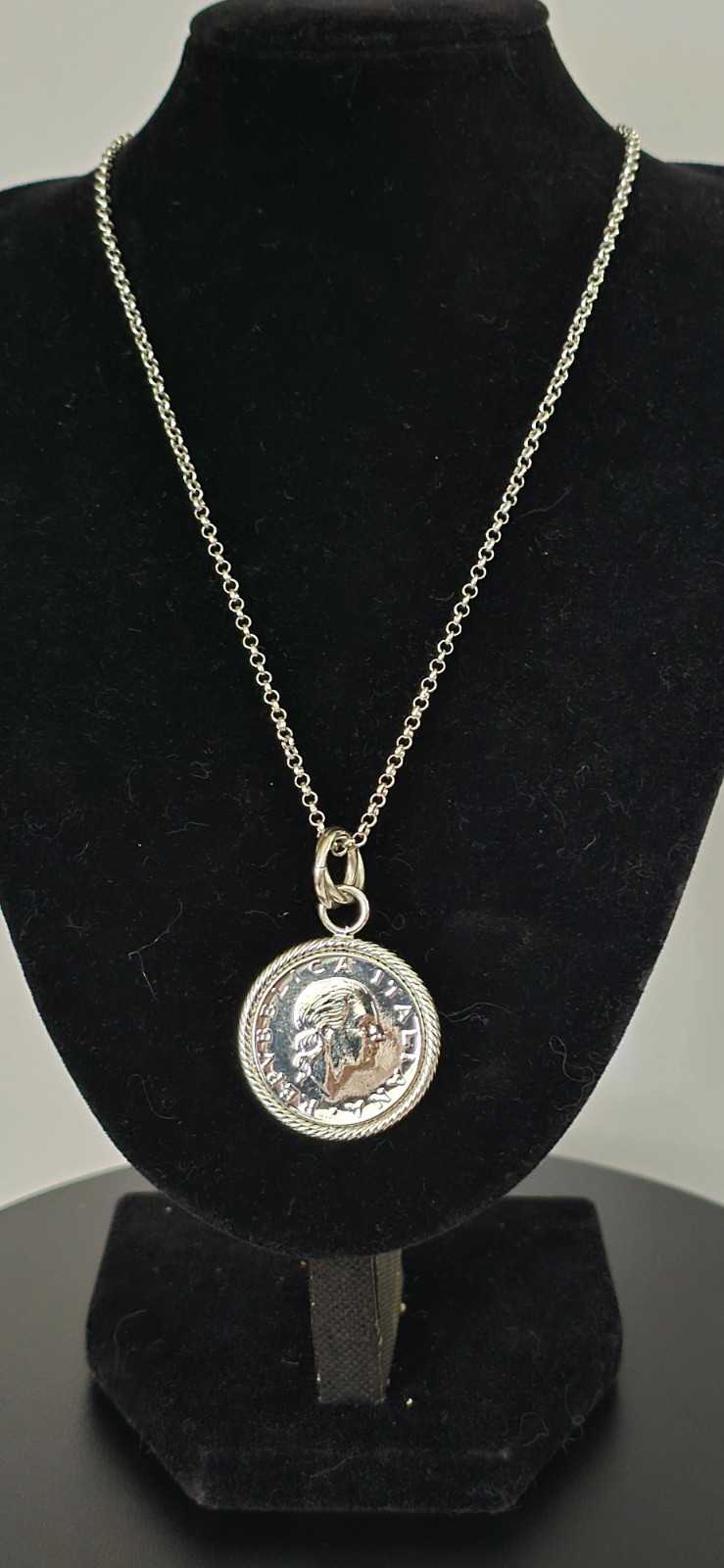 Italian 200 Lira Coin Silver Color Bronze Pendant & 18″ Rolo Link Chain