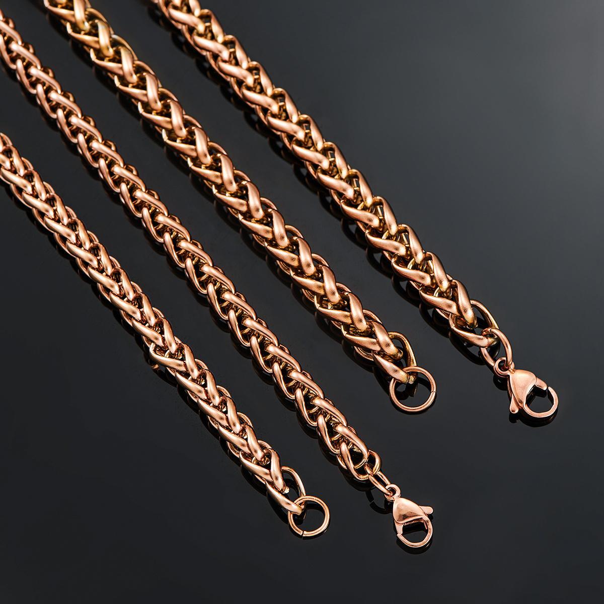 Braided Wheat Link 3-7mm Mens Chain Rose Gold Stainless Steel Necklace Gift