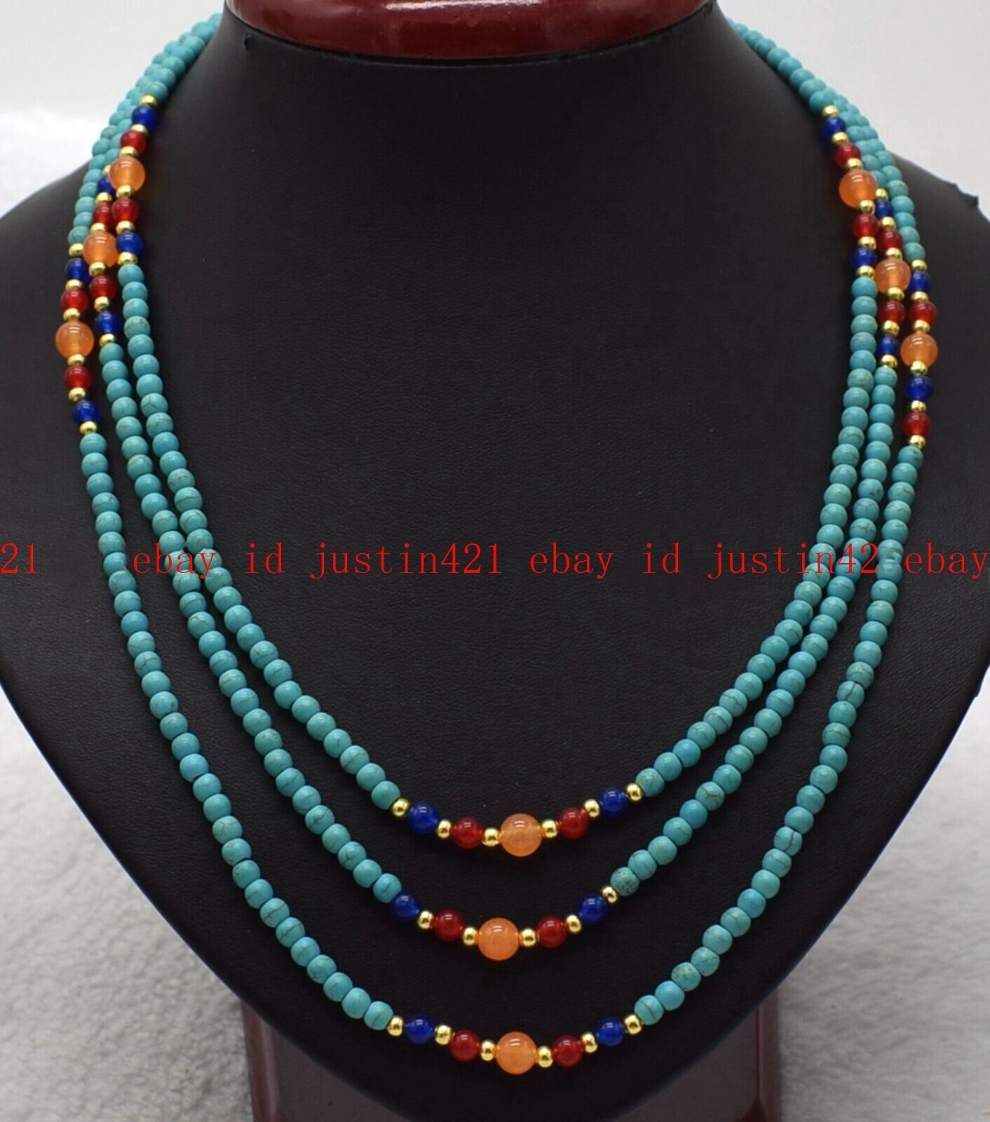 3 Rows Genuine 4mm Blue Turquoise Round Gemstone Beads Necklace Jewelry 18-20″