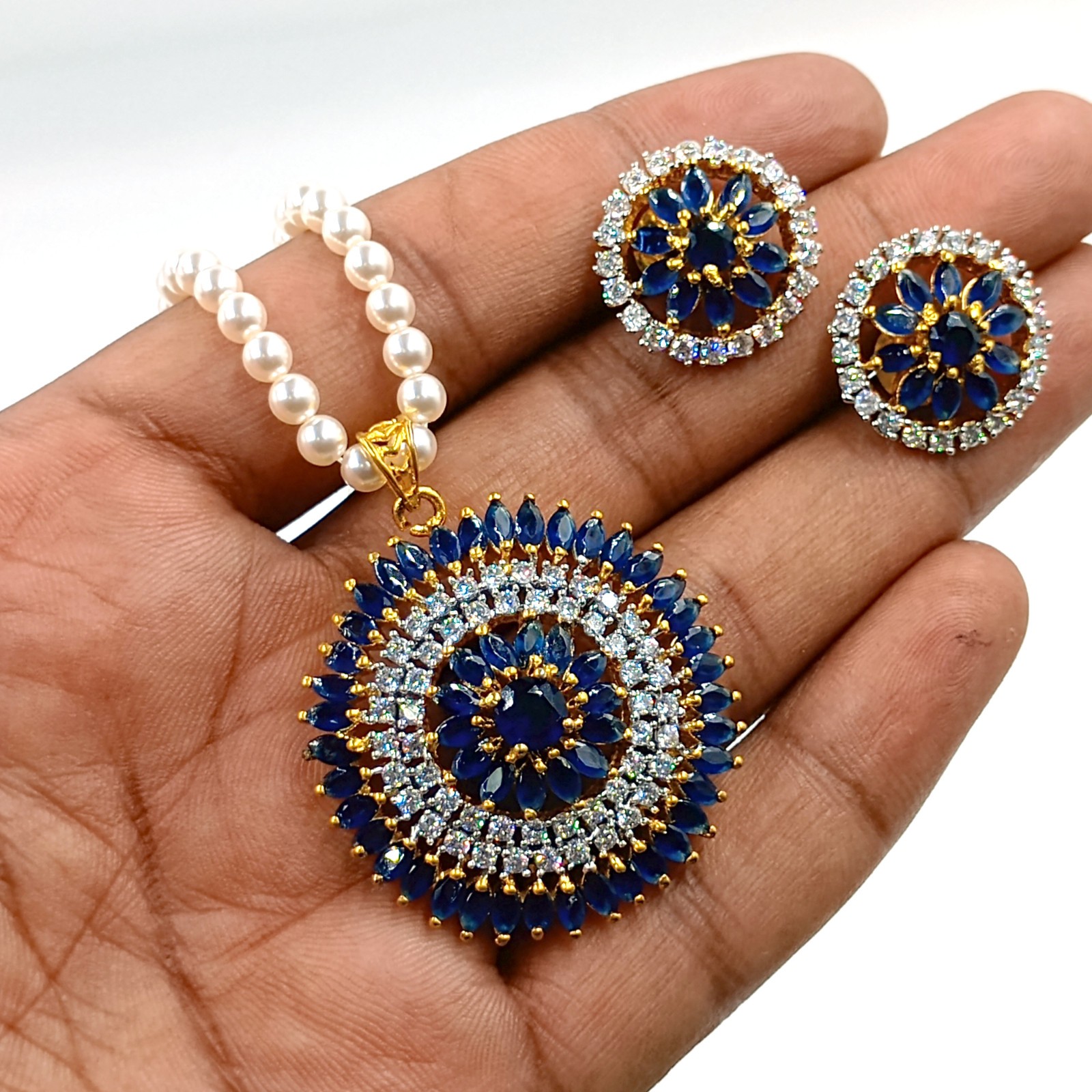 Traditional 22k Gold Plated Sapphire CZ Diamond Bridal Pendant Set Wedding Jewel