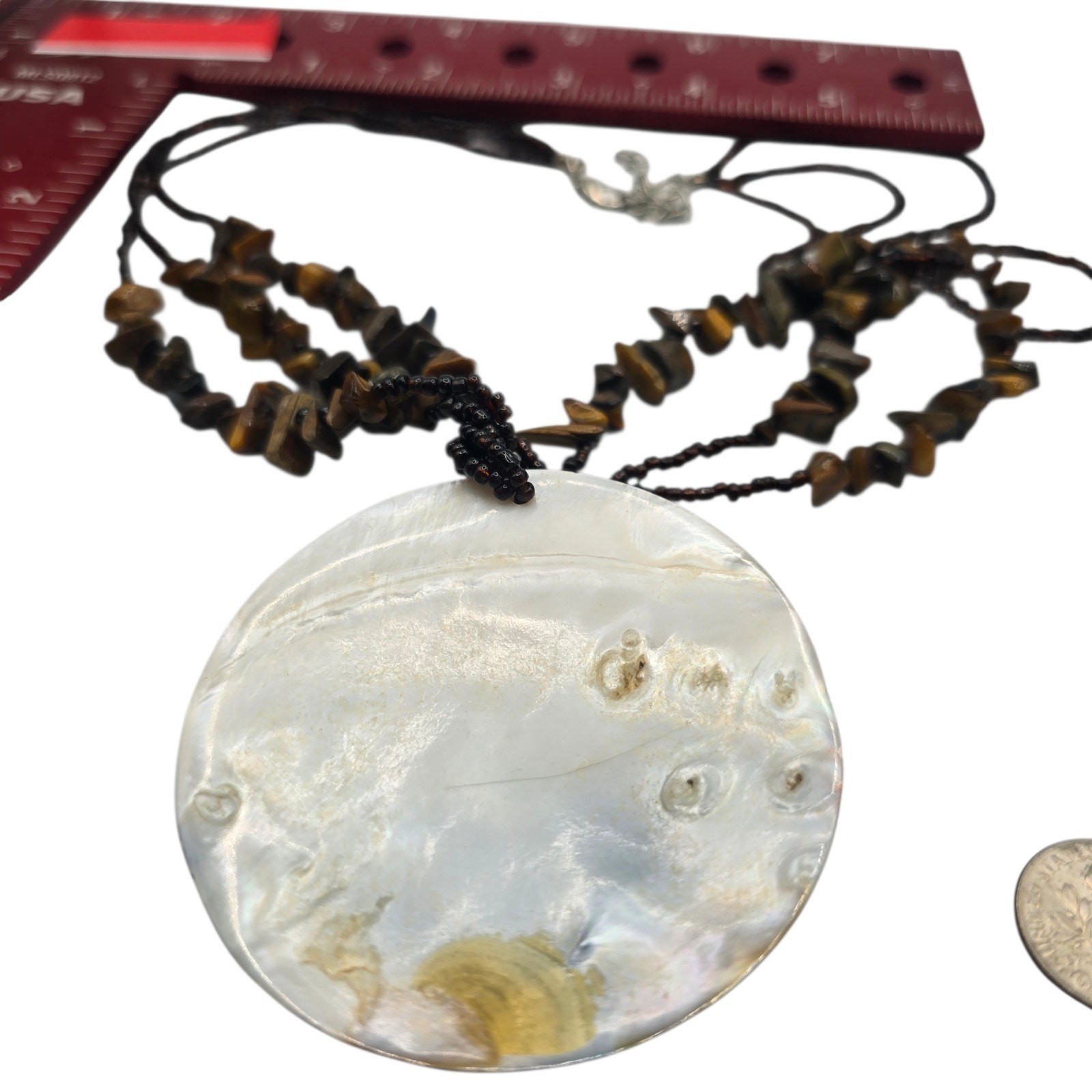 Vintage Necklace Harvest Moon Like Design Shell Pendant Handmade Beaded SKU 3030
