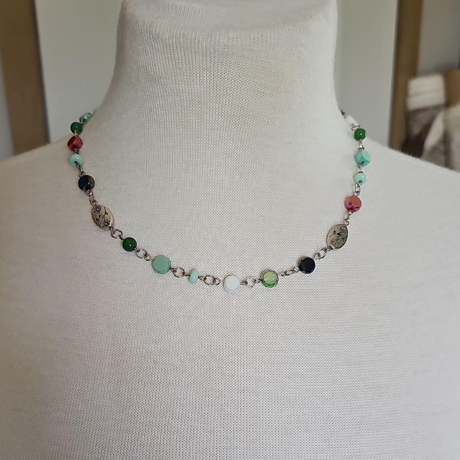 Handmade Multicolor Round Glass Beaded Cable Chain Necklace w/ Lobster Clasp 18″