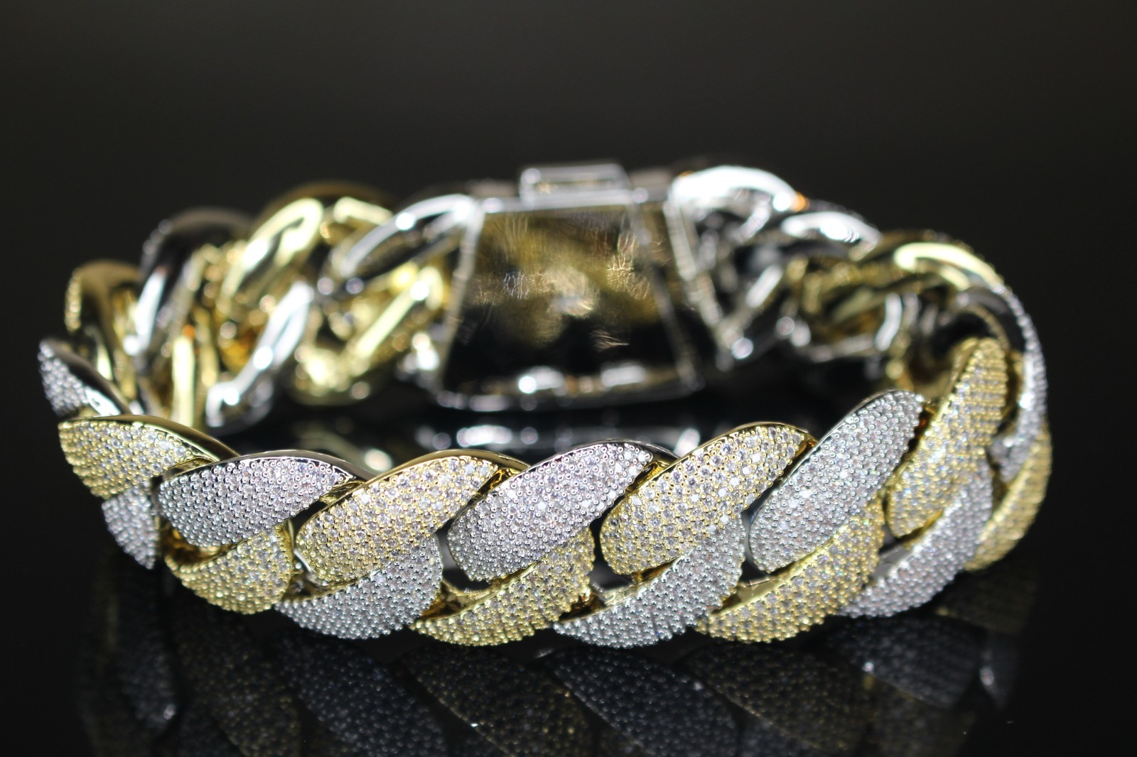 XXL 14k STAMPED Cuban Miami 24mm 68ctw Lab Sim Diamond 2-TONE Gold Bracelet 156g