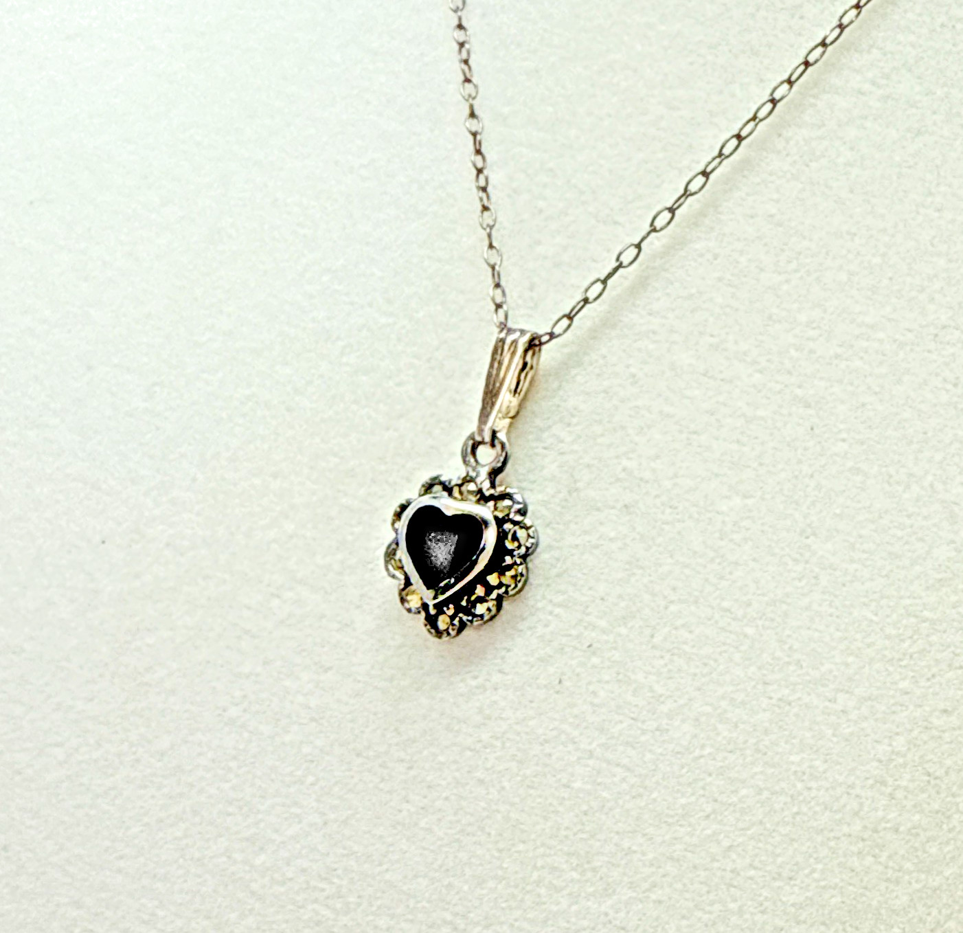 Vintage Roman & Sunstone 925 Sterling Silver Onyx and Crystal Heart Necklace