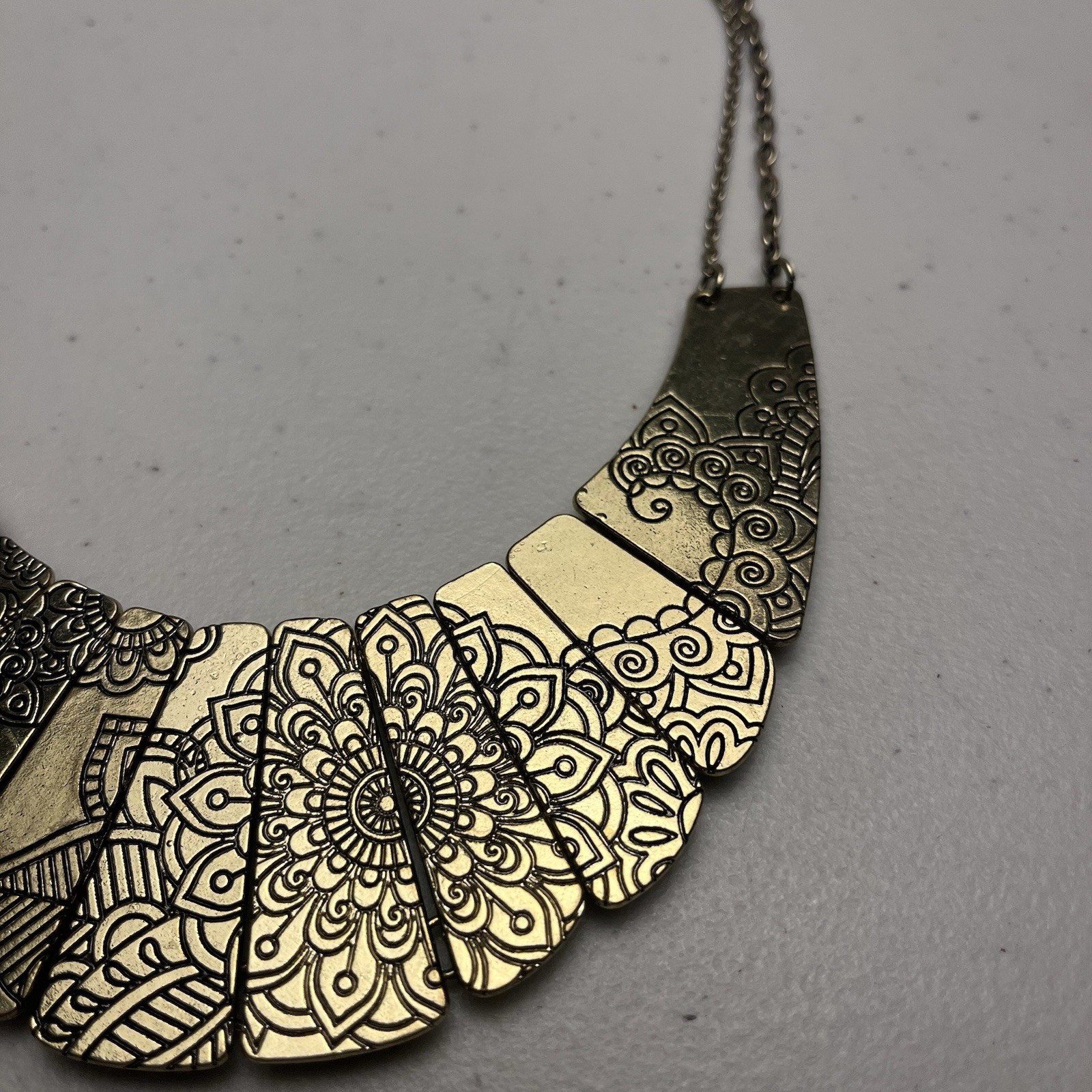 Gold Tone Bib Necklace Mandala Engraved Costume Jewelry Statement Adjustable 22″