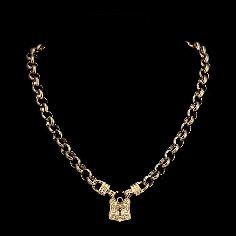 18K GL Thick Solid Belcher Yellow Gold Necklace Antique Style Keyhole Padlock