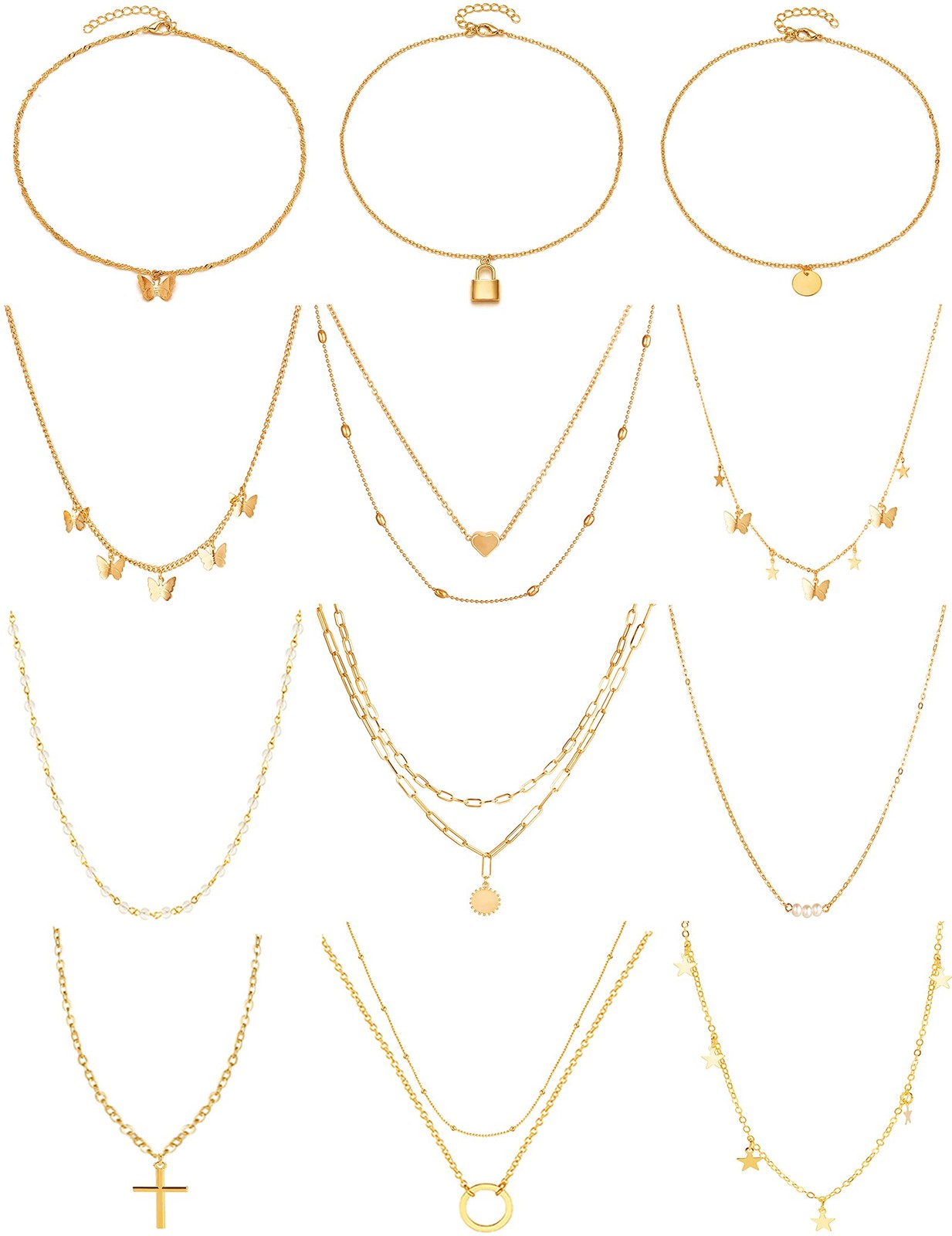 12pcs Chain Gold Bead Necklace Coin Moon Star Pearl Pendant Chain Choker Mult…