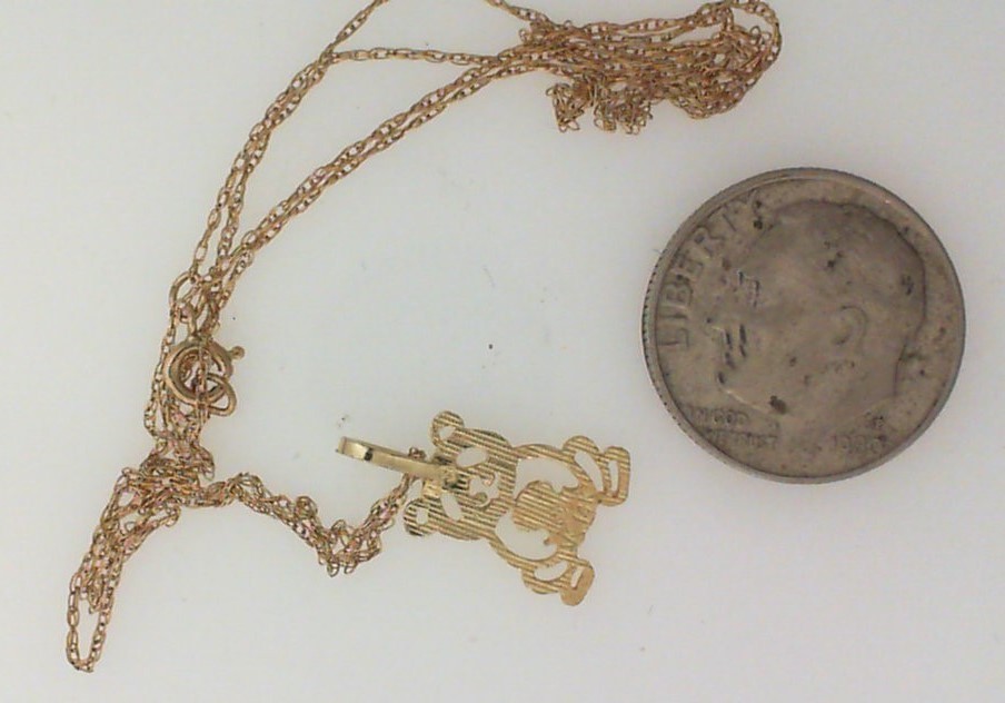 Childs Teddy Bear 14 Kt Gold Pendant & 14 Karat Gold 18″ Necklace