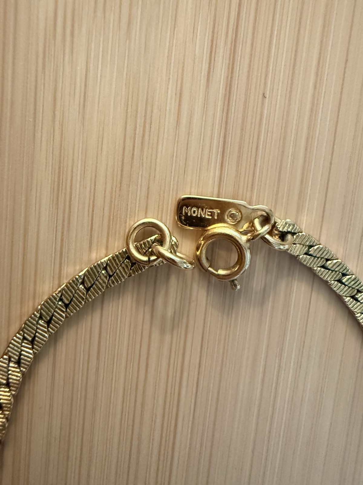 Monet Gold Herringbone Chain Necklace Gold Plated Spring Ring Signed 80s