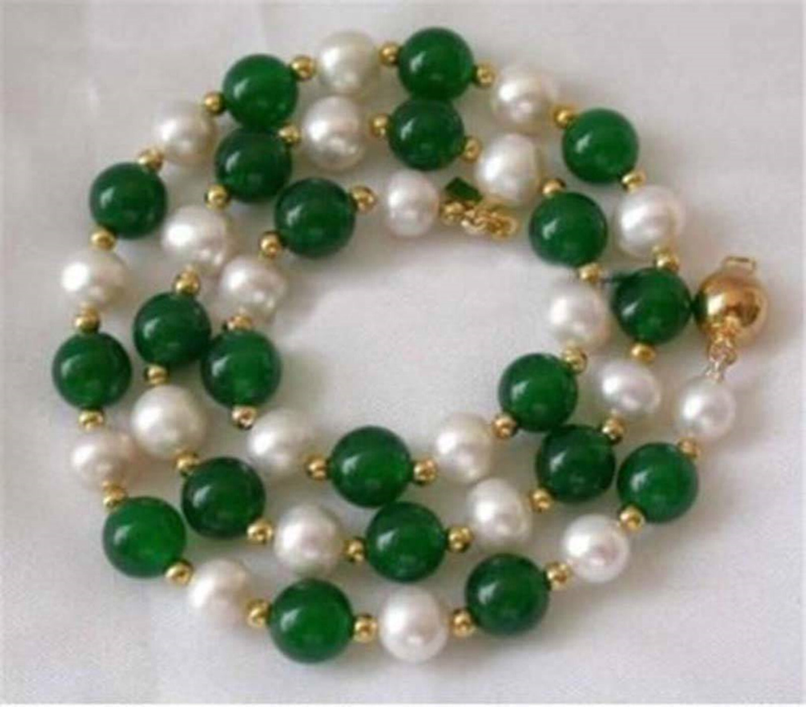 Natural 7-8MM White Pearl & Green Jade Round Gems Beads Necklace 18″