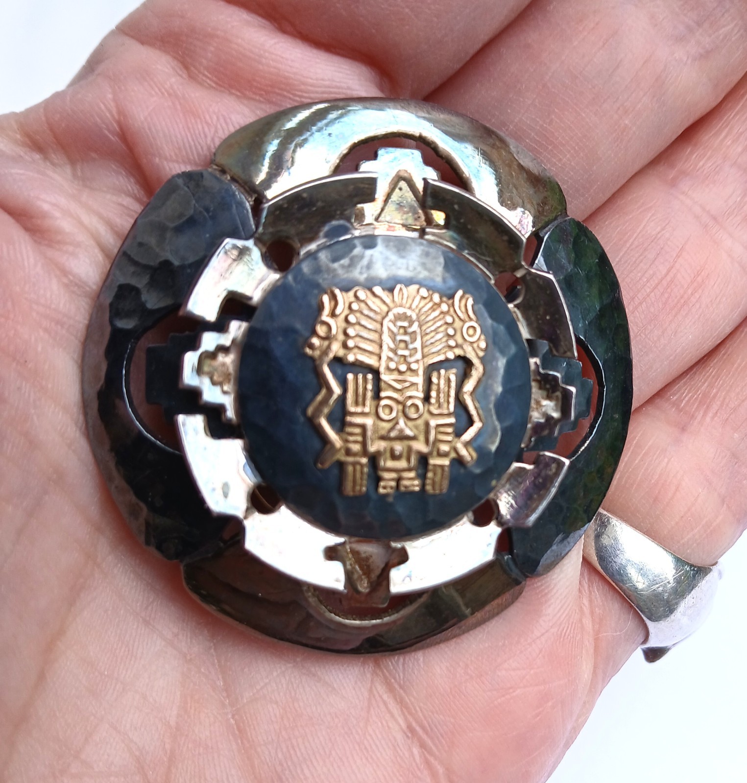 Vintage Peruvian pendant brooch sterling silver 18K gold carat tribal design