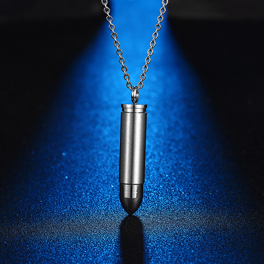 Mens Stainless Steel Necklace Open Bullet Pendant Pill Case Holder Male Jewelry