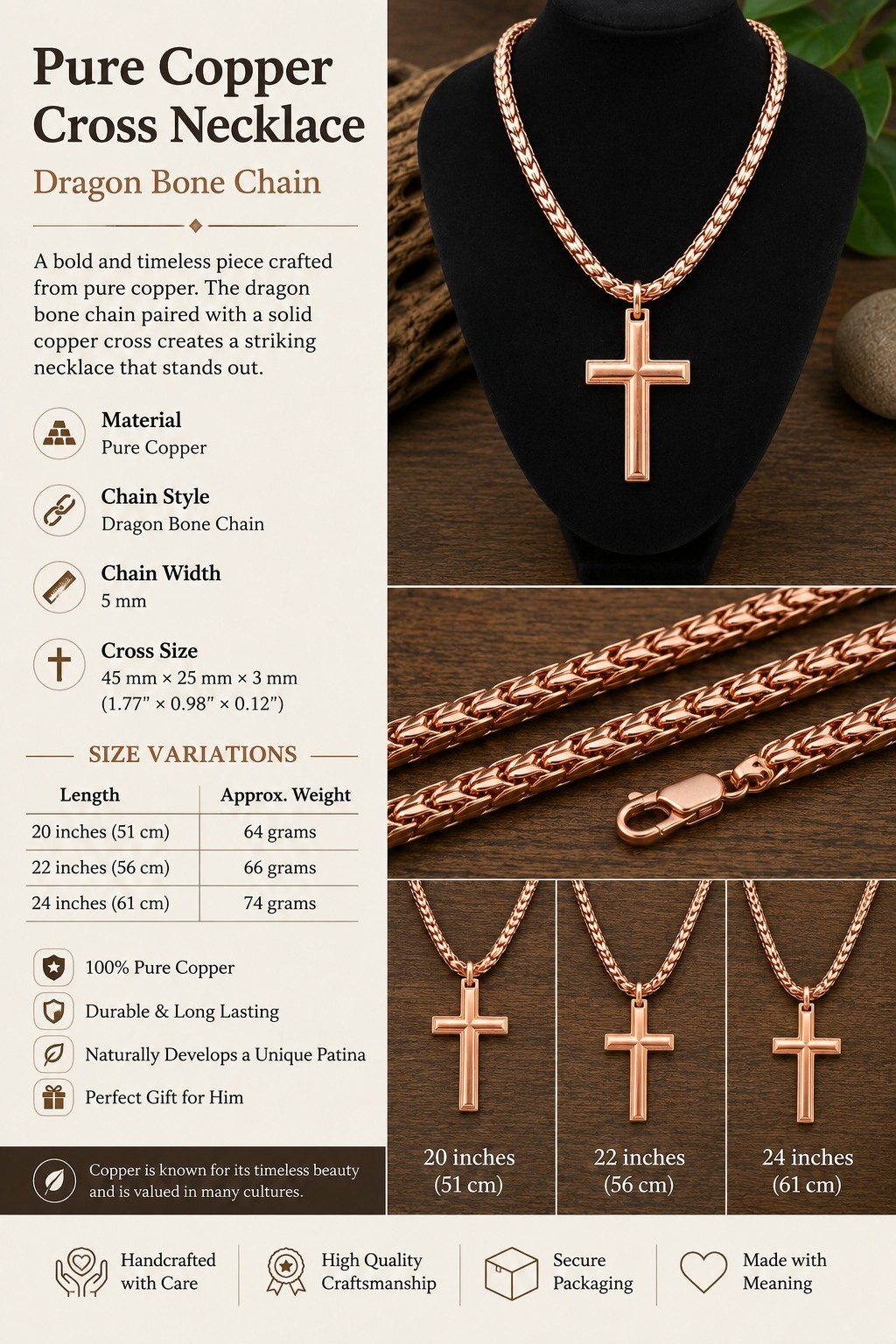 Pure Copper Cross Necklace with Dragon Bone ChainA timeless symbol of faith…