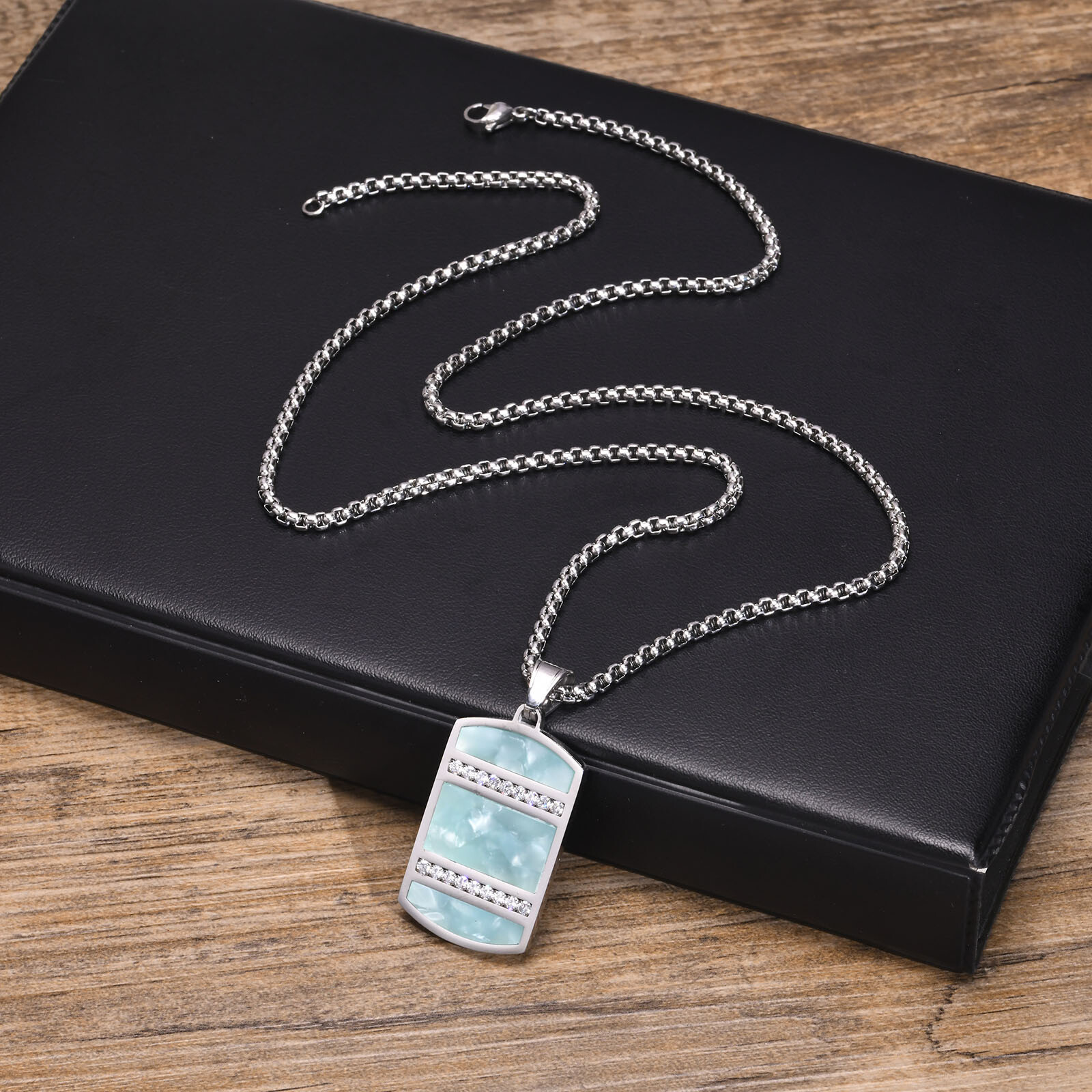Mens Necklaces Bling CZ Stone Inlay, Chinese Tradition Cyan Stone Square Dog Tag