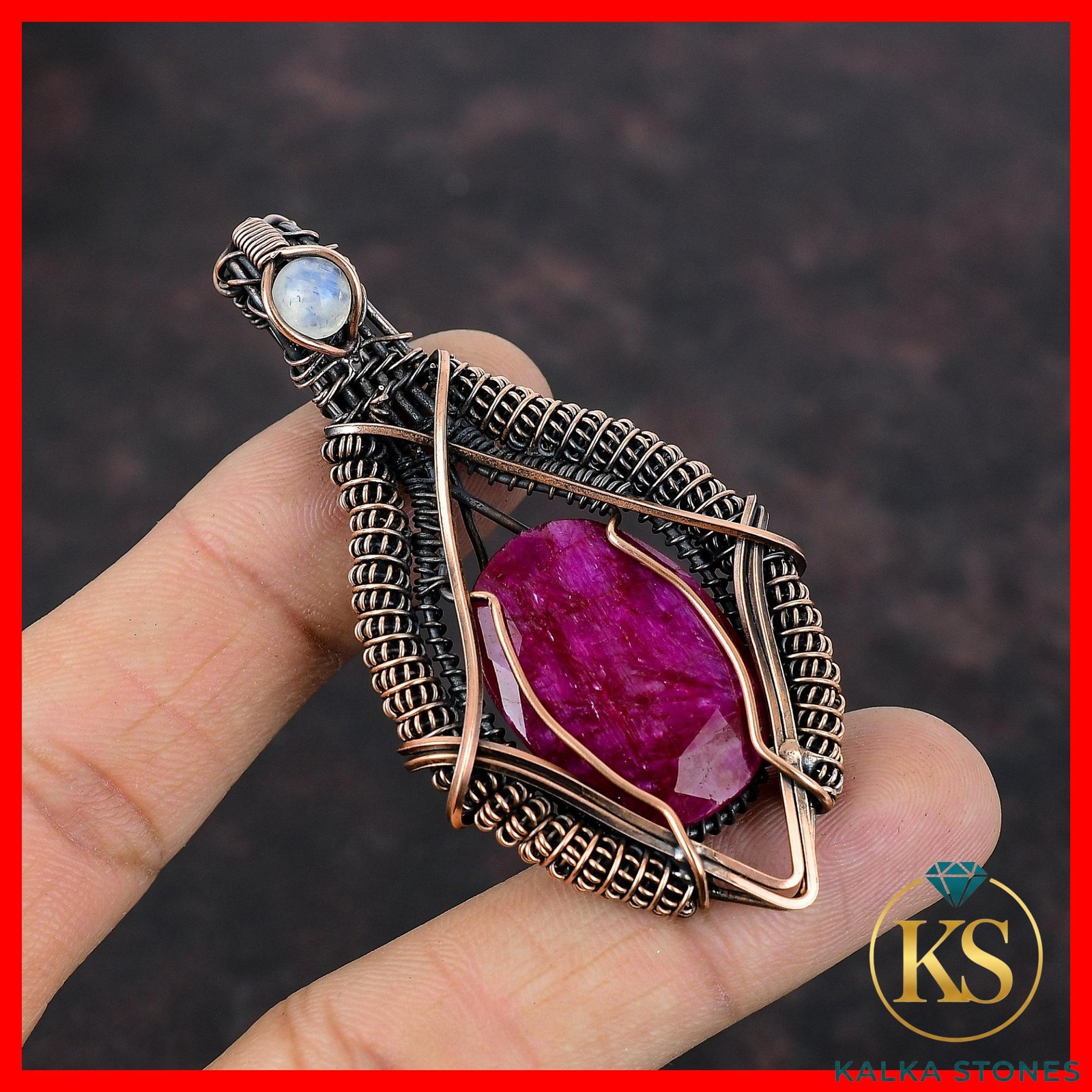Kashmir Rubi Gemstone Rainbow Moonstone Copper Wire Wrapped Wife Pendant Jewelry
