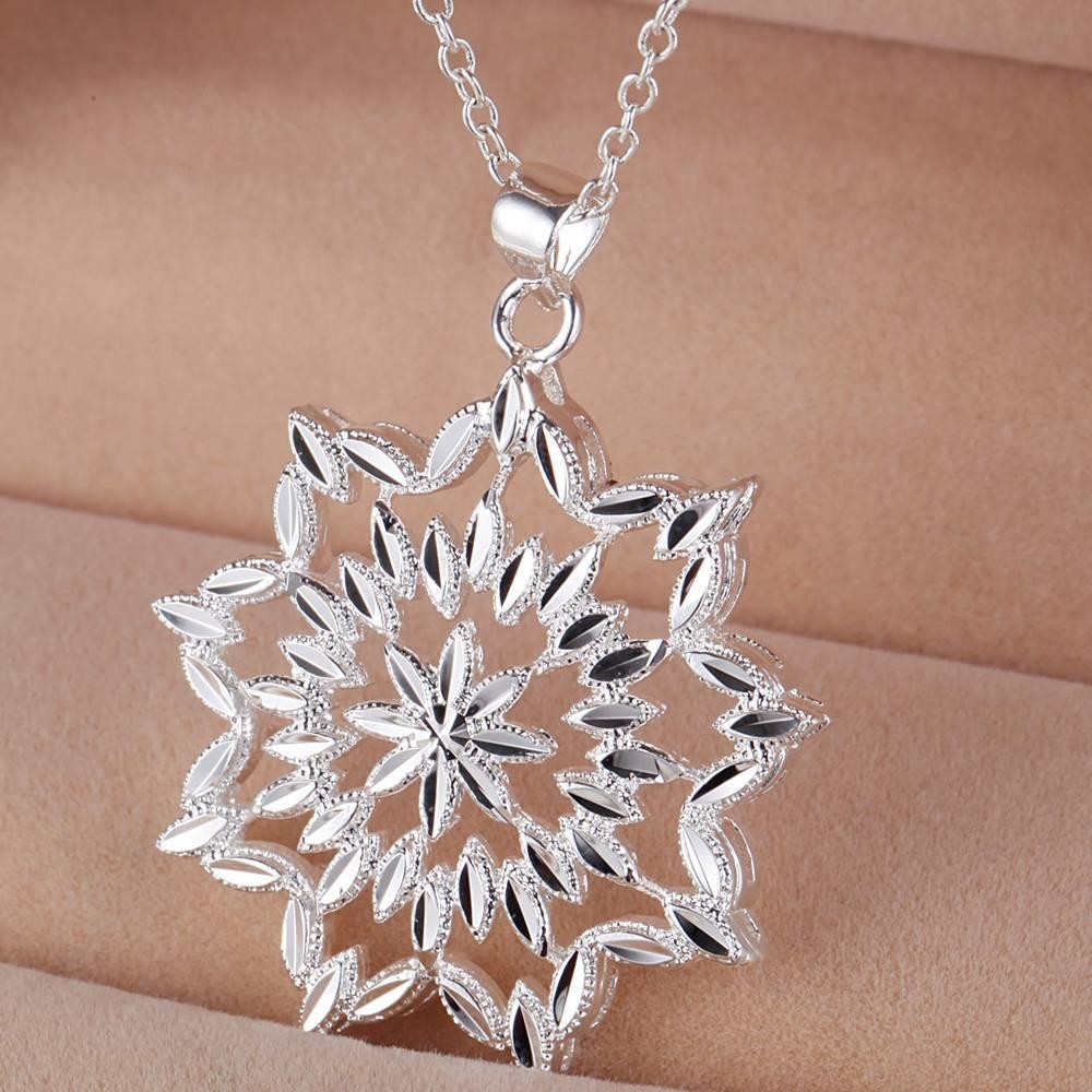 925 Sterling Silver Flower Pendant Necklace Women Wedding Engagement Jewelry