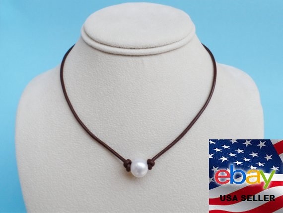 Single Cultured Freshwater Pearl Choker Necklace -Genuine Black or Brown Leather