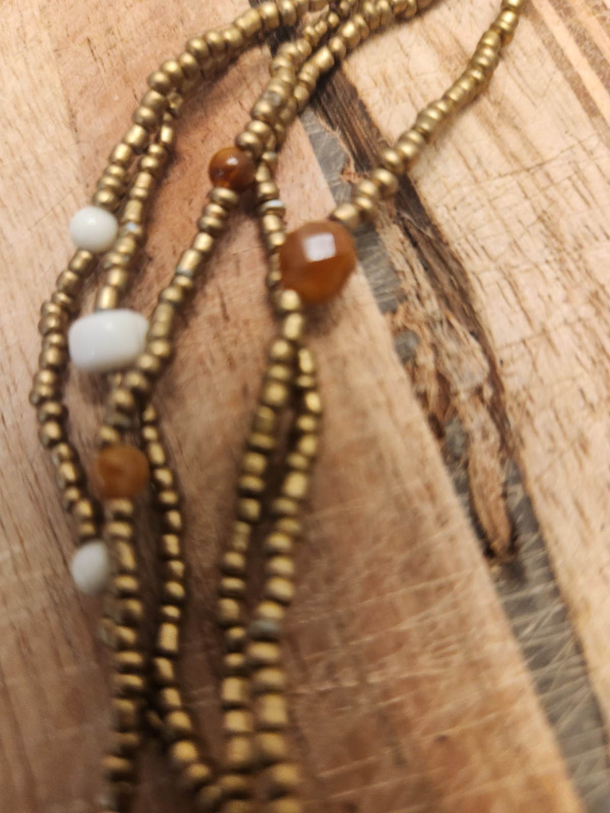 Multi-Strand Gold-Tone Beaded Necklace Brown White Adjustable Lobster Boho