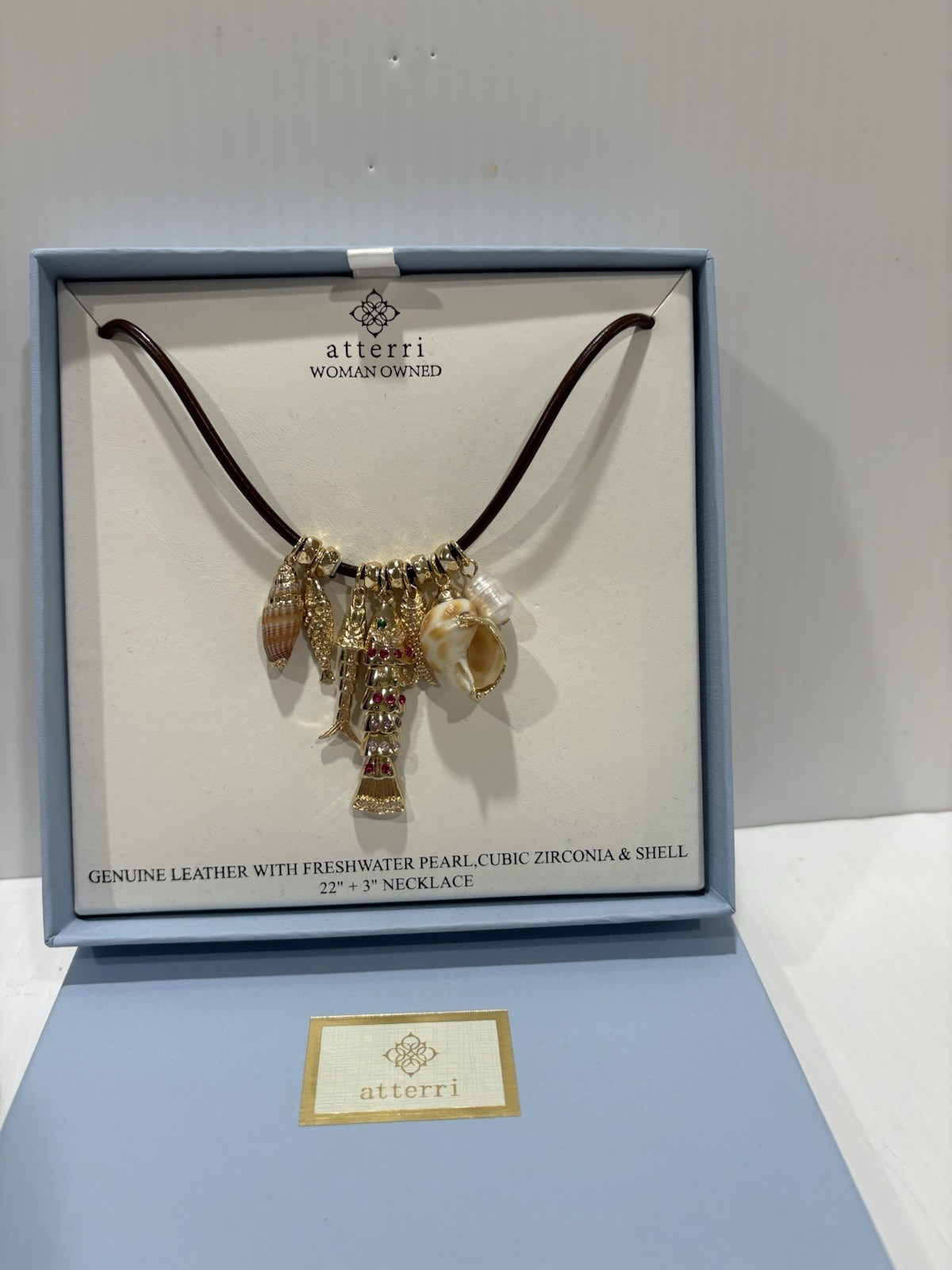 ATTERRI CHARM NECKLACE GENUINE LEATHER W FRESH WATER PEARL CUBIC ZIRCONIA &SHELL