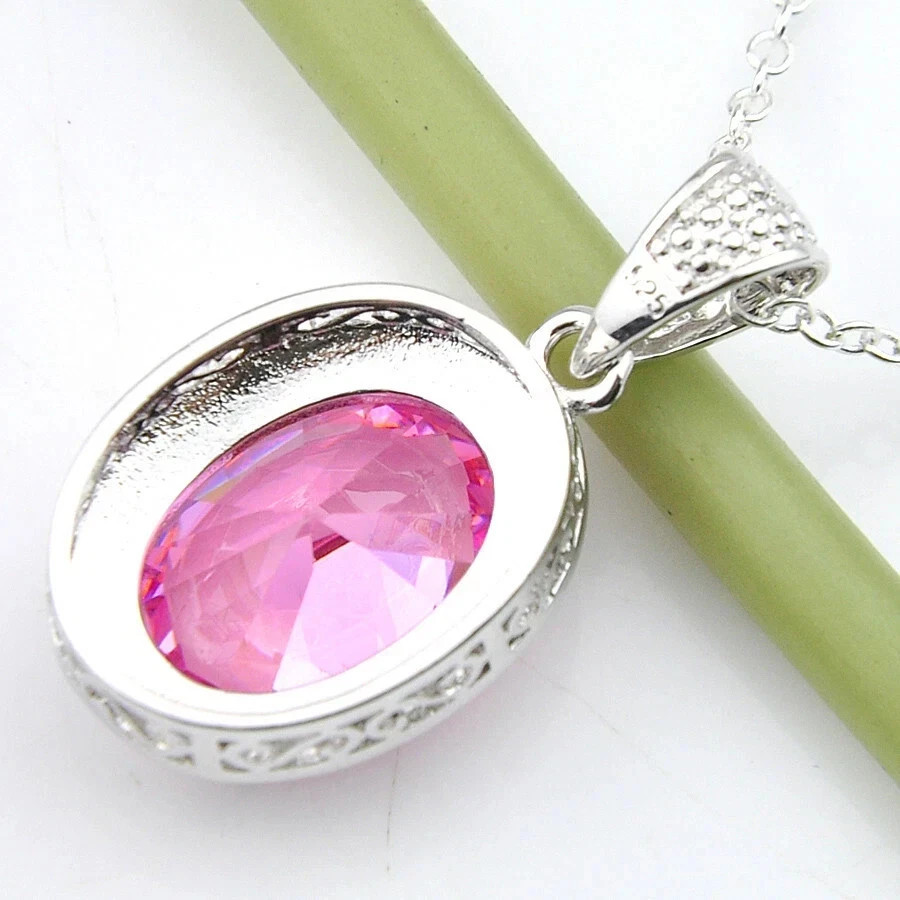 3.14 Ct Oval Cut Pink Sapphire Pendant Wedding Pendant 14K White Gold