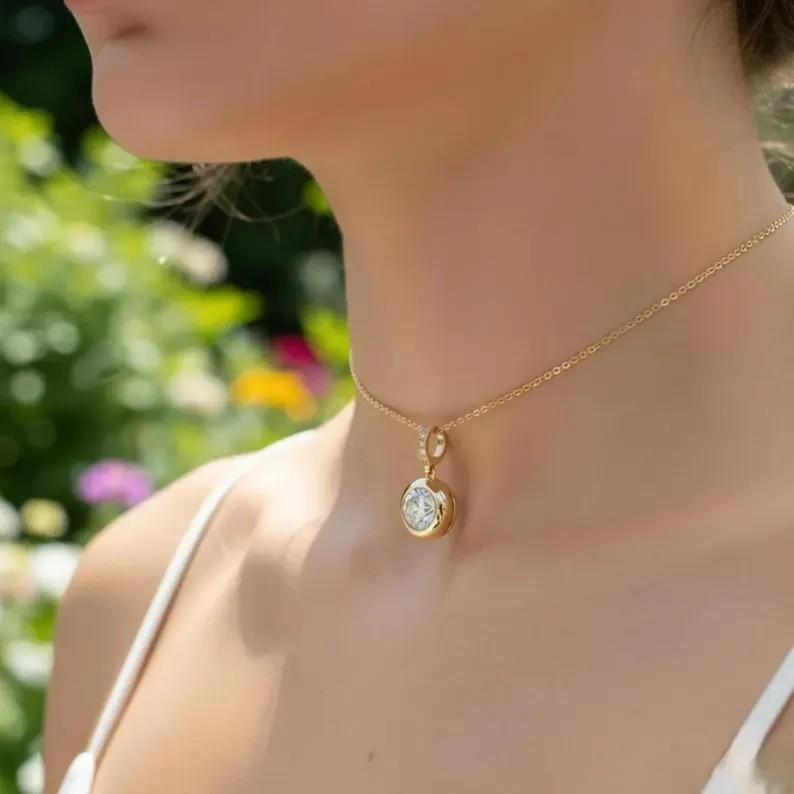 Bezel Set Solitaire Pendant 14K Yellow Gold Plated 2Ct Round Simulated Diamond