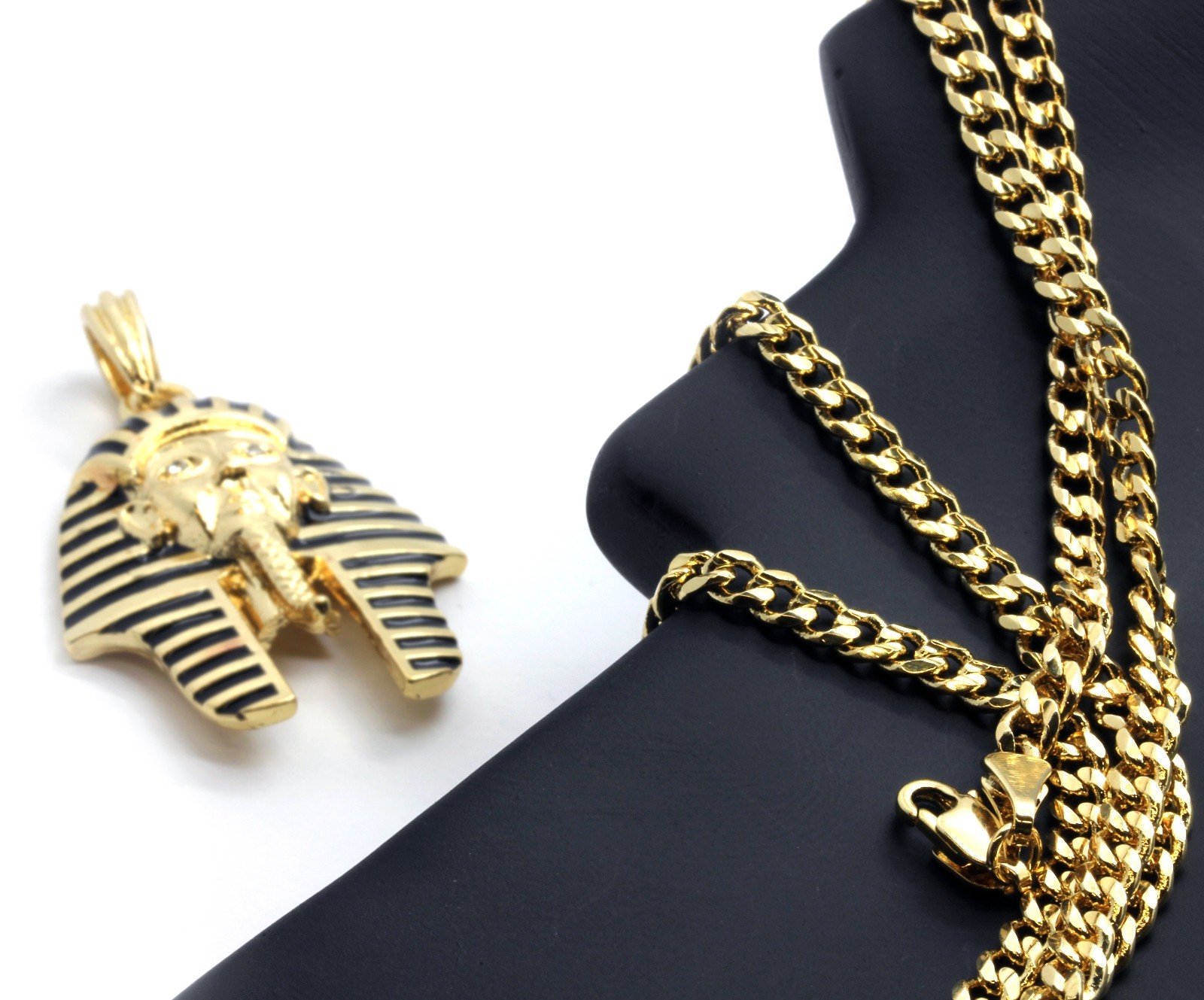 Men’s 14k Gold Plated Black Stripe Micro Pharaoh Pendant Hip Hop 30″ Cuban Chain
