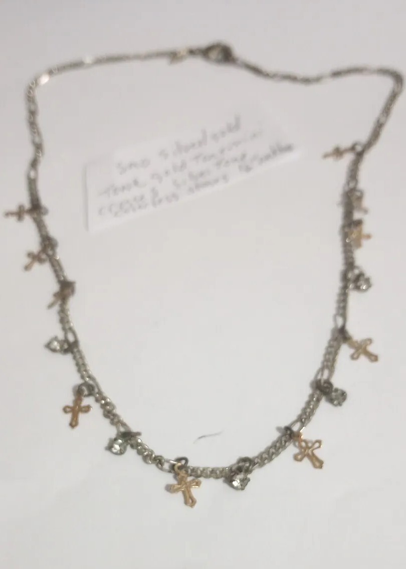SAO Silver/Gold Tone Small Dangling Crosses And Colorless Stoned 16″necklacr