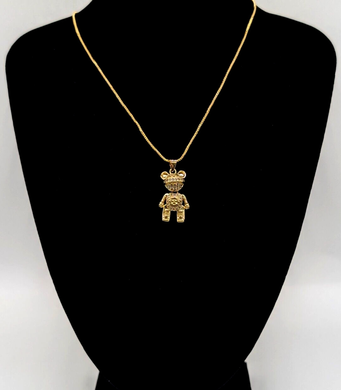 ✨ 14K Gold Plated Box Chain Necklace with Teddy Bear Pendant ✨