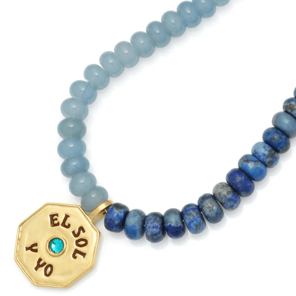 El Sol Y Yo Gold Pendant Necklace with Natural Stone Blue Beads by Mayamar