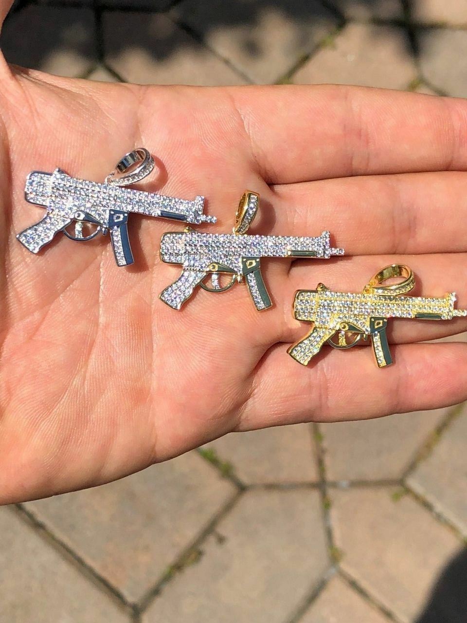 Real Solid 925 Silver AK-47 Machine Gun CZ Piece Super Icy Pendant W. Chain