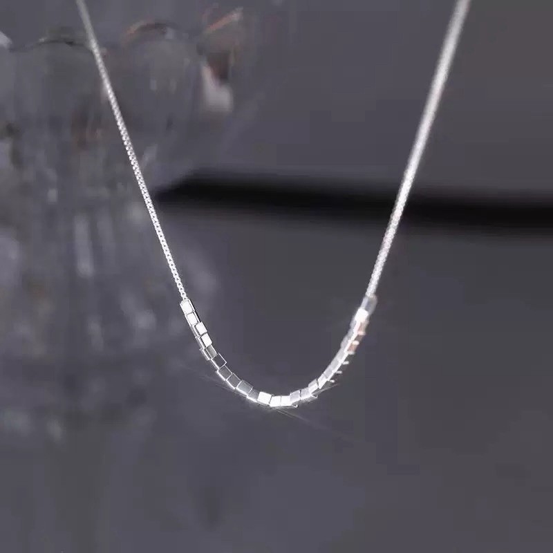 925 Silver Cube Bead Necklace Dainty Geometric Box Chain Choker Necklace 007