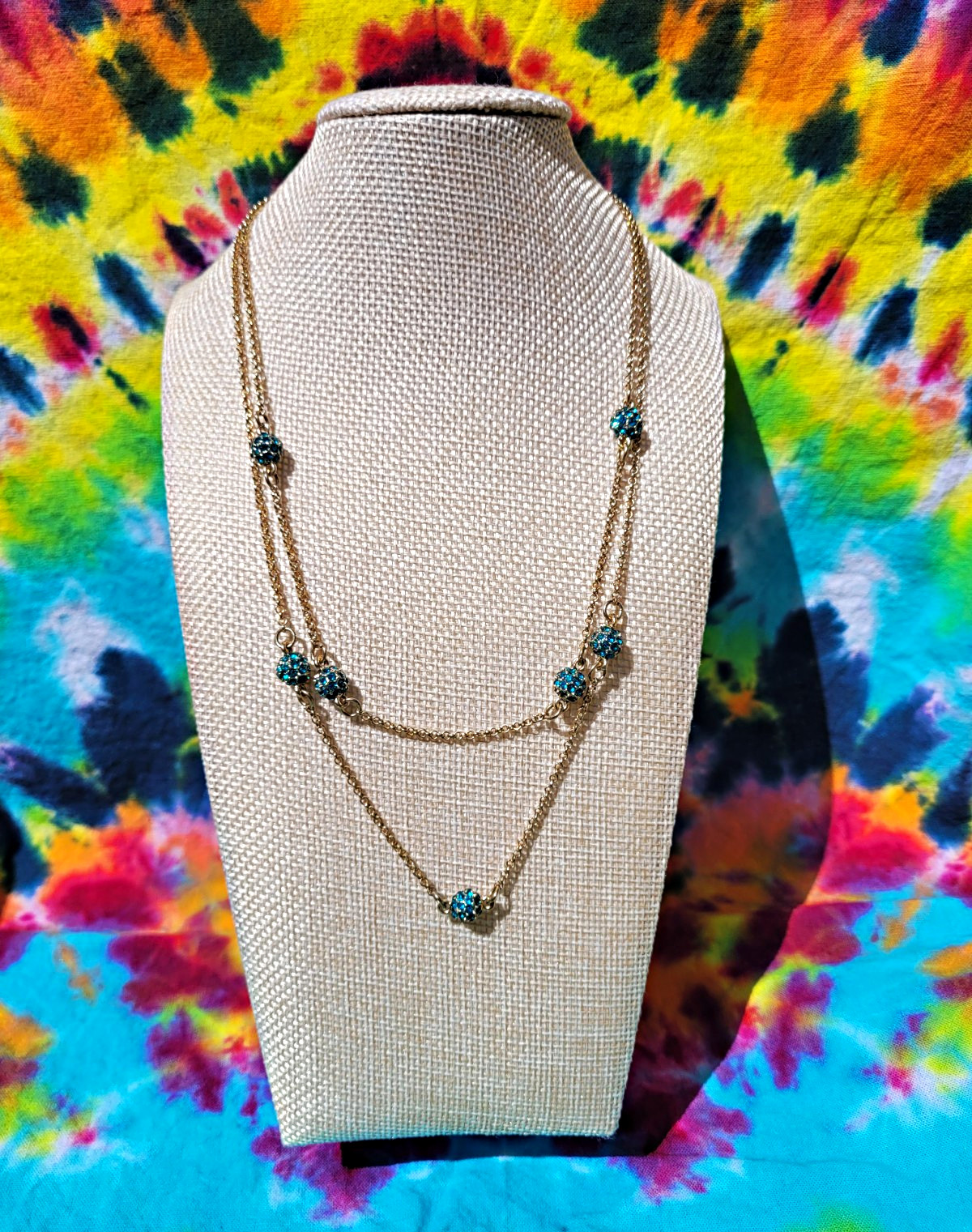Gold Tone Layered Station Necklace Blue Round Rhinestones Adjustable Lobster