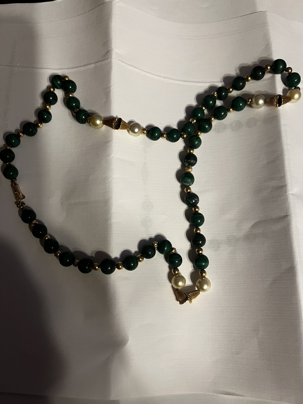 22” Necklace Malachite, pearls and Gold With Appraisal For $3000 Beautiful