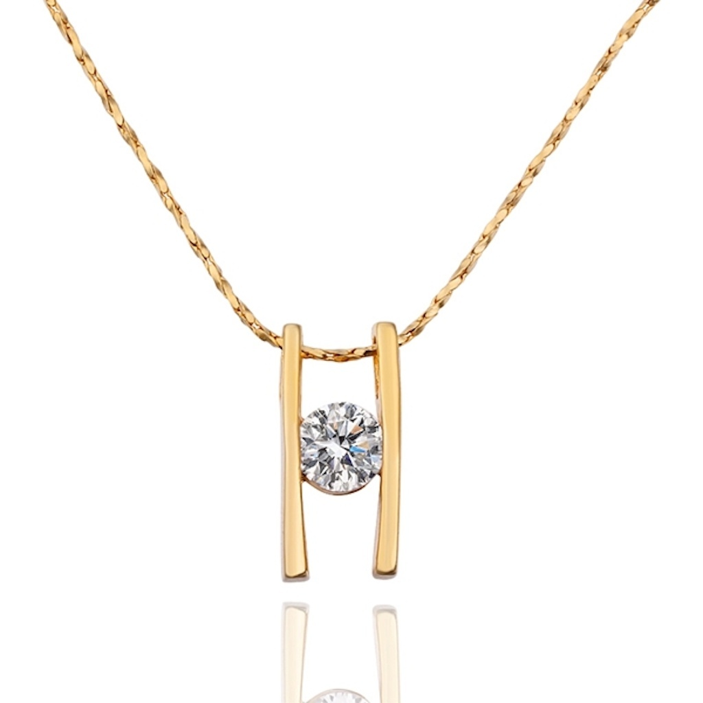 18K Gold Plated Necklace Pendant Zirconia 20 Inches 1MM Lobster B74
