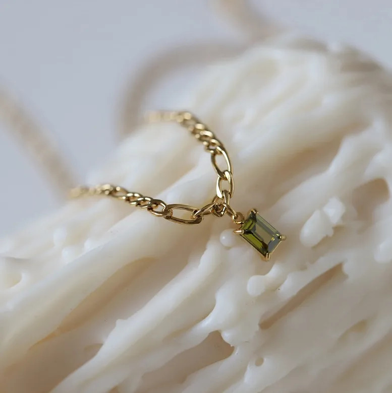 Gold Green Crystal Pendant Necklace Women CZ Emerald Cut Chain