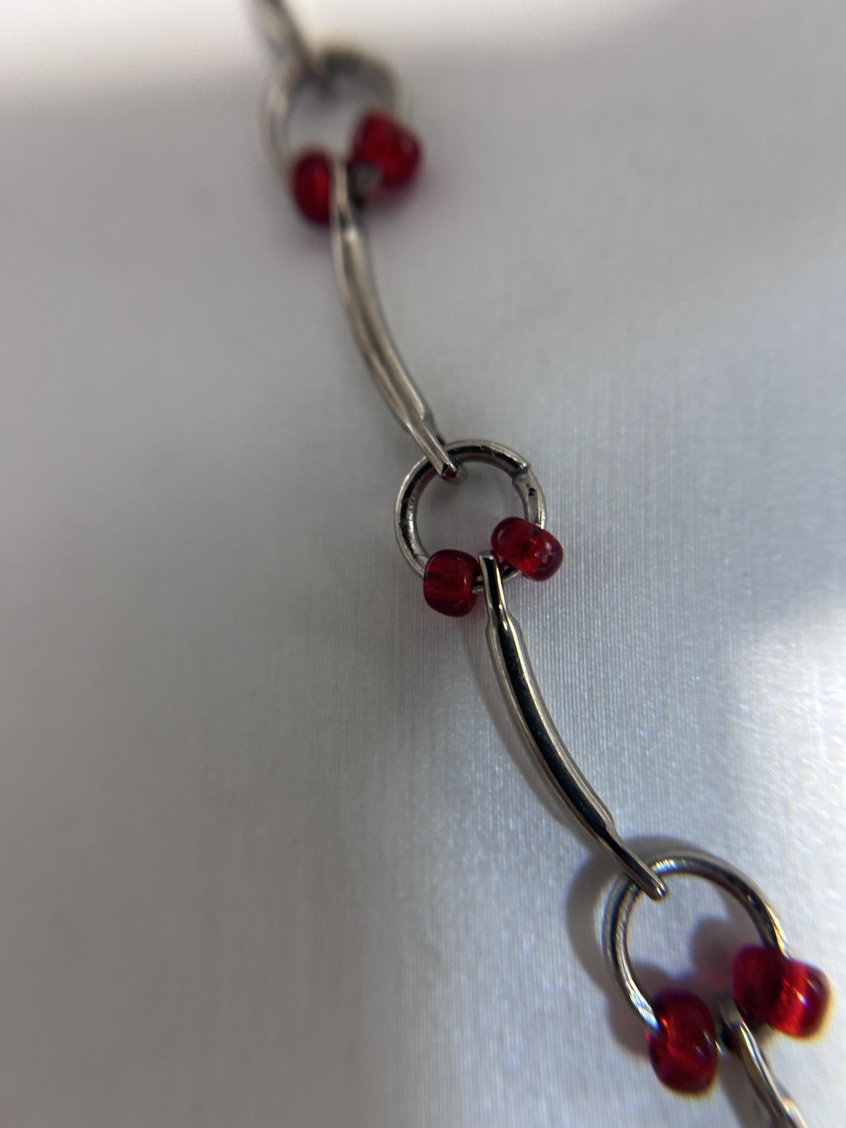 Necklace Silver Tone Red Glass Bead Station Curved Bar 18 Inch Lobster Clasp