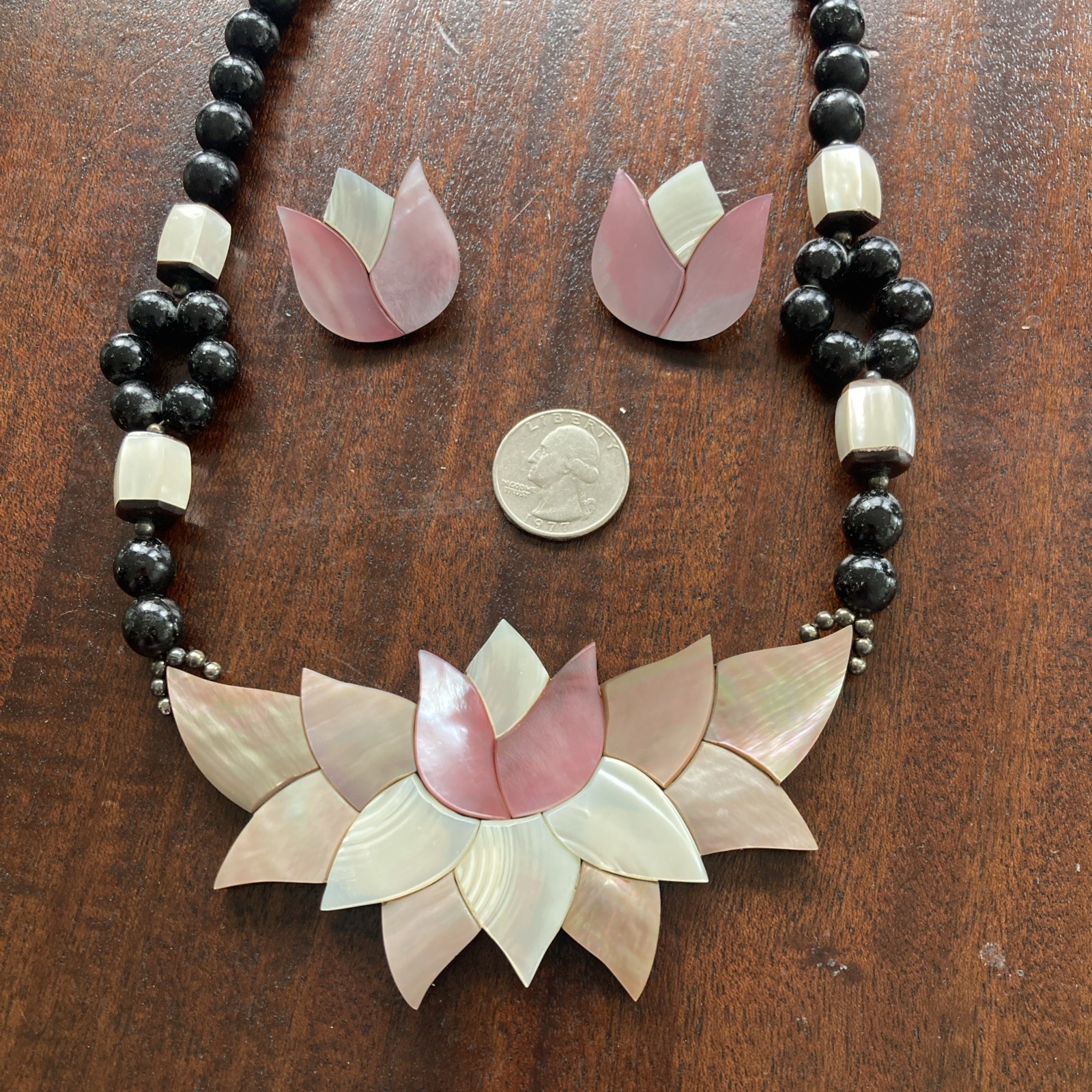 Vintage Carved Mother of Pearl Lotus Flower Shell Pendant with pierced earrings