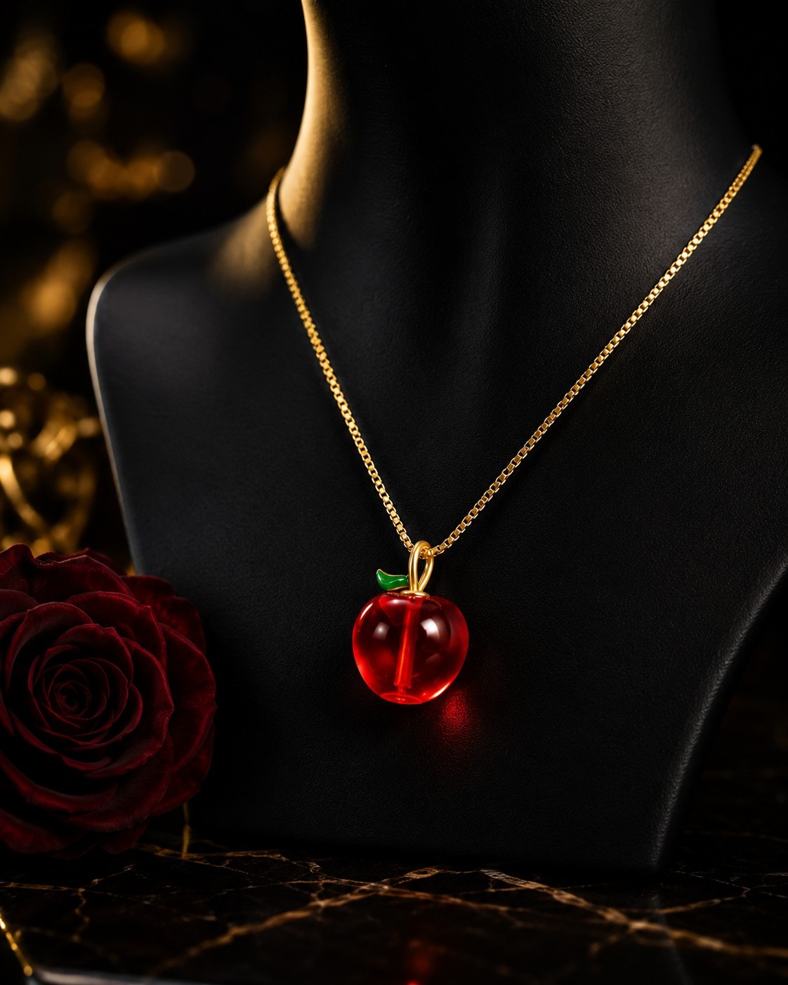 Red Apple Pendant Necklace Gold Plated Chain Glass Fruit Charm Cute Gift 18″