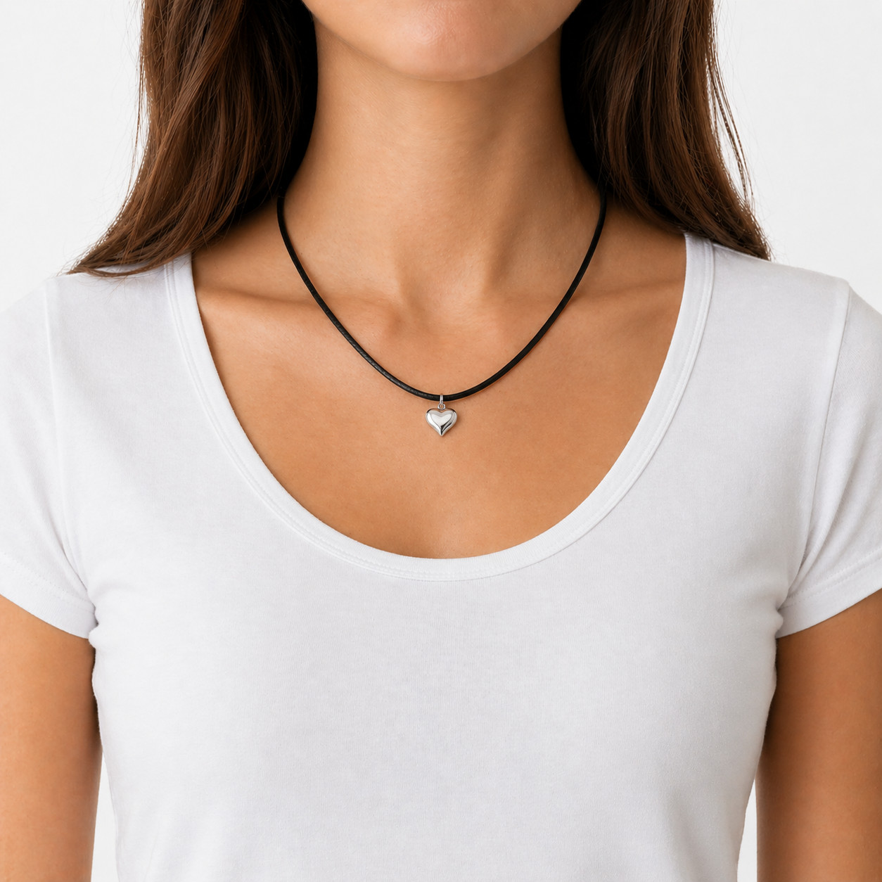 Stainless Steel Puffy Heart Pendant Necklace Satin Silk Cord 16-30″ Women Girls
