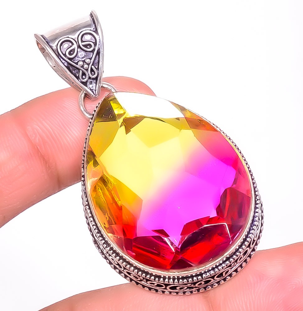 Fine Art – Bi Color Tourmaline 925 Silver Plated Bali Pendant 2.07″ M14